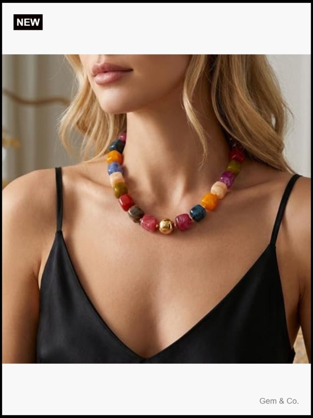 Boho Large Square Acrylic Beaded Choker Necklace Adjustable Strand - Picture 7 of 7